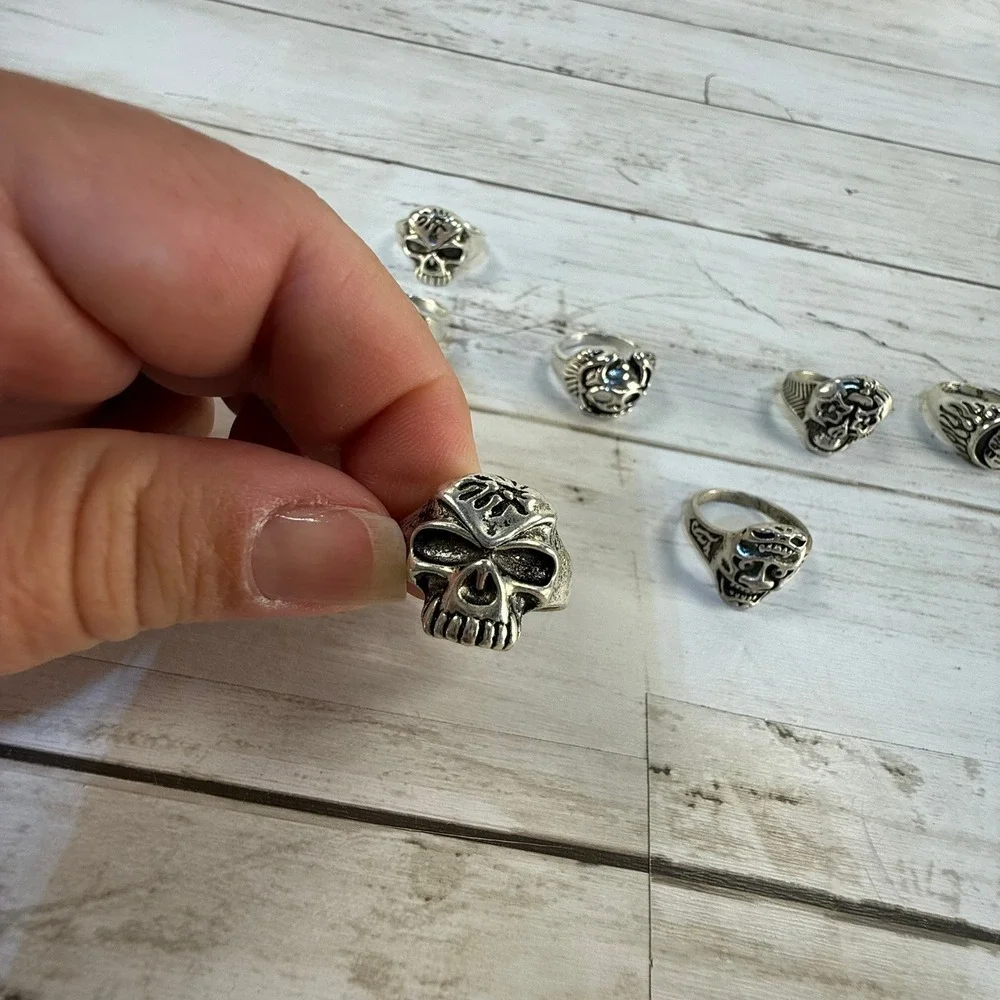 9pc Mens Biker Ring Lot Skull Native American Chief Oni Mask Gothic‎ Punk Rings
